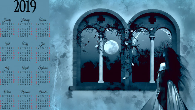 Обои картинки фото календари, фэнтези, луна, колонна, окно, ночь, девушка