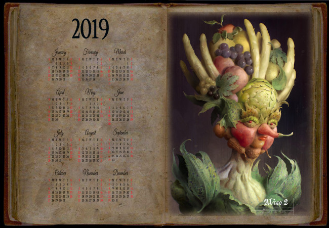 Обои картинки фото календари, фэнтези, овощ, фрукт, книга, портрет