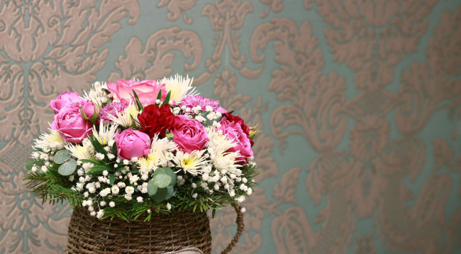 Обои картинки фото цветы, букеты,  композиции, гипсофила, розы, хризантемы