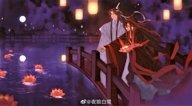 Обои картинки фото аниме, mo dao zu shi, вэй, усянь, лань, ванцзы, фонари, мост