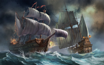 Картинка корабли рисованные море морской бой фрегаты парусники