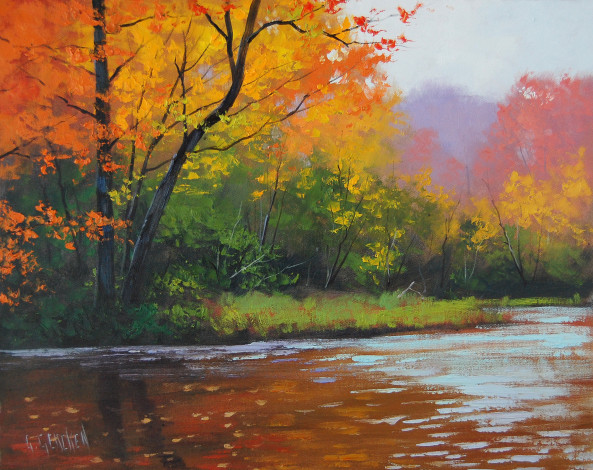 Обои картинки фото рисованные, graham, gercken, река, осень, деревья