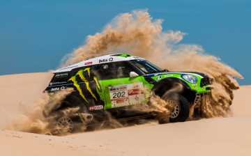 Картинка спорт авторалли песок соревнования пустыня rally зеленый мини купер dakar x-raid ралли