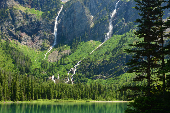Обои картинки фото avalanche, lake, glacier, national, park, montana, природа, водопады, горы, монтана, озеро, глейшер