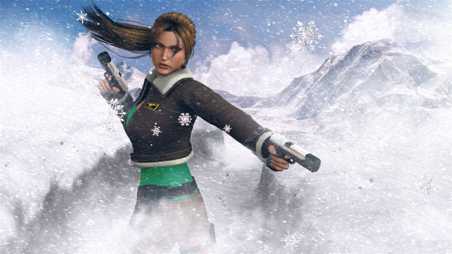 Обои картинки фото 3д графика, фантазия , fantasy, горы, фон, оружие, снег, взгляд, девушка