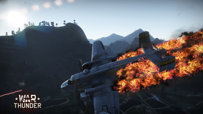 Обои картинки фото видео игры, war thunder,  world of planes, горы, огонь, самолет