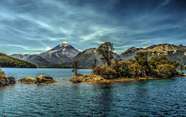 Обои картинки фото природа, реки, озера, обработка, островок, горы, озеро, аргентина
