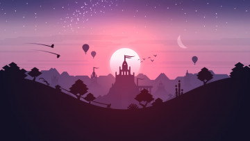 Картинка векторная+графика город+ city temple sunset landscape stars games purple