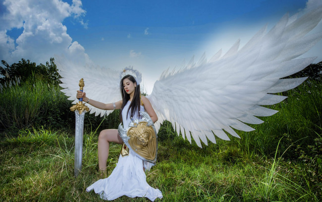 Обои картинки фото девушки, - креатив,  косплей, ангел, крылья, косплей, меч, щит
