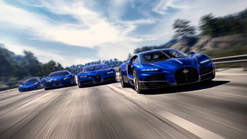 обоя bugatti tourbillon, автомобили, bugatti, синие, дорога, скорость