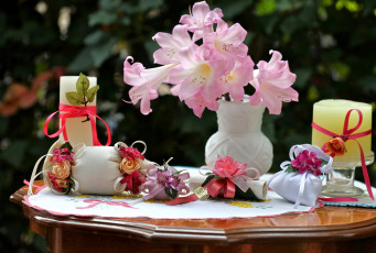 обоя цветы, амариллисы, гиппеаструмы, рукоделие, поделки, розовый, свечи