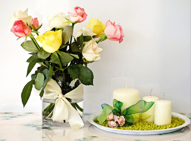 Обои картинки фото цветы, розы, свечи, букет, бант