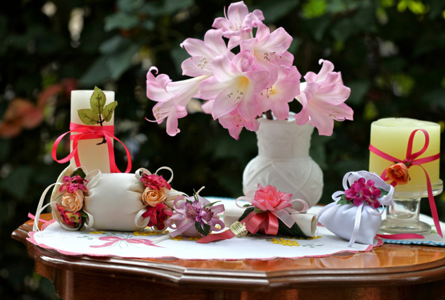Обои картинки фото цветы, амариллисы, гиппеаструмы, рукоделие, поделки, розовый, свечи