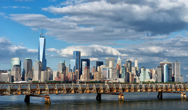 Обои картинки фото ellis, island, bridge, new, york, city, города, нью, йорк, сша, панорама, нью-йоркская, бухта, манхэттен, manhattan, upper, bay, мост