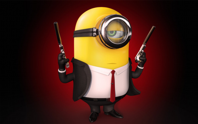 Обои картинки фото despicable, me, minion, hitman, мультфильмы, миньон, хитмэн, пистолет, глушитель, костюм