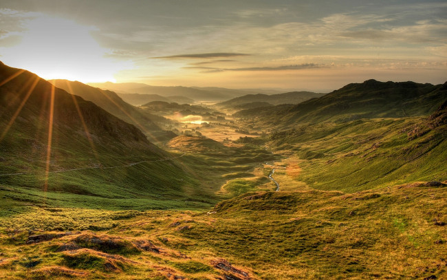 Обои картинки фото duddon, valley, cumbria, england, природа, горы, wrynose, pass, долина, перевал, камбрия, англия, закат