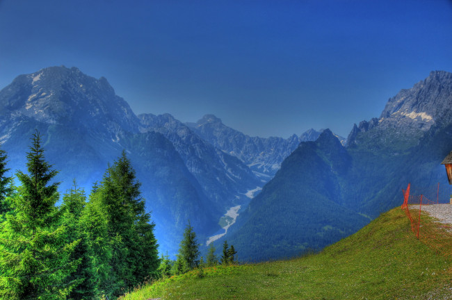 Обои картинки фото германия, бавария, рамзау, природа, горы, дымка, деревья