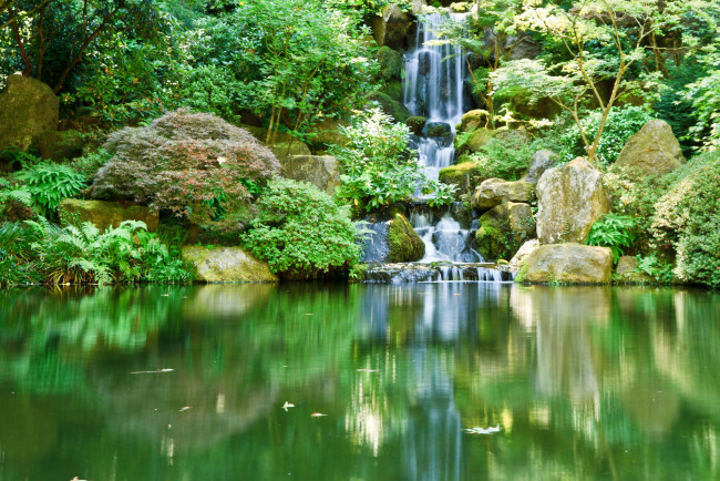 Обои картинки фото portland, japanese, gardens, waterfall, природа, парк, река, водопад, растения