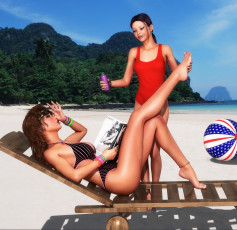 Картинка 3д+графика люди+ people море пляж коктейль шезлонг взгляд девушки мяч