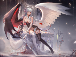 Картинка аниме ангелы +демоны крылья арт fom lifotai меч демон ангел взгляд девушка