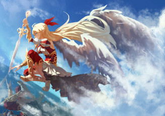 Картинка аниме ангелы +демоны небо крылья меч девушка ангел арт kuroduki monster strike