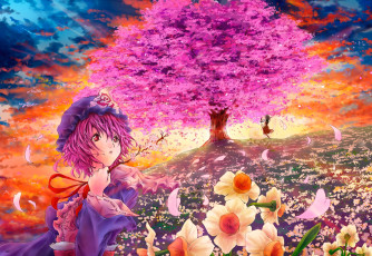Картинка аниме touhou дерево девушки лепестки сакура hakurei reimu saigyouji yuyuko onokoro401 арт облака небо цветы