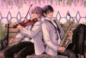 Картинка аниме музыка музыкальный инструмент скрипка саксофон дерево парни hatake michi арт скамейка лавочка розовые цветы