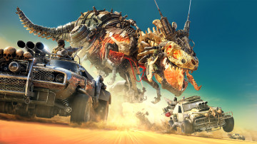 Картинка фэнтези роботы +киборги +механизмы робот динозавр постапокалипсис погоня автомашины пустыня машины