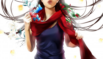 Картинка аниме unknown +другое цветы шарф девушка арт