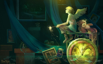 Картинка аниме ангелы +демоны часы крылья рыбы картина цветы ваза банка свет вода звездочка медведь палочка арт han yijie парень