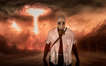 Картинка фэнтези фотоарт дорога апокалипсис противогаз мужик взрыв