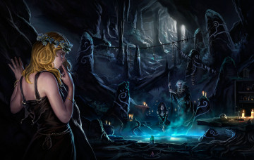 Картинка фэнтези девушки арт ведьма палка посох озеро девушка любопытство колдовство завораживает блондинка