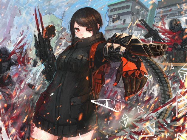 Обои картинки фото аниме, оружие,  техника,  технологии, девушка, арт, kasagarasu, город