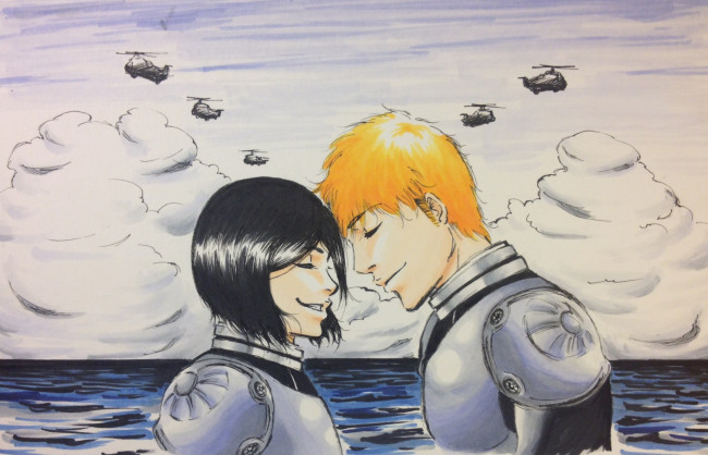 Обои картинки фото разное, арты, девушка, pacific, rim, вертолеты, парень, rukia, kuchiki, shinigami, ichigo, kurosaki, bleach, crossover