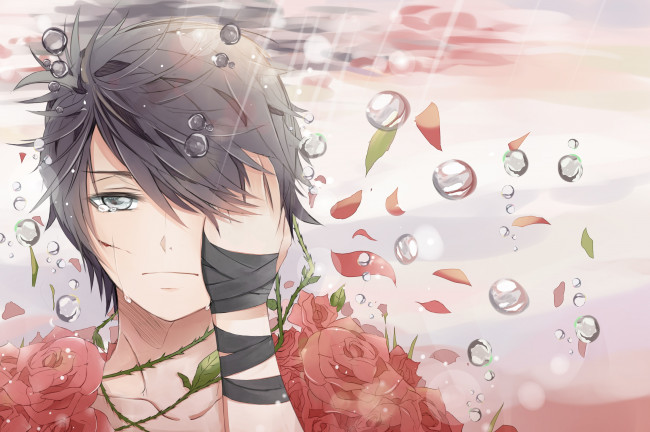 Обои картинки фото аниме, unknown,  другое, парень, розы, арт, вода, teichi, пузырьки, шипы, стебли, цветы, взгляд, лепестки