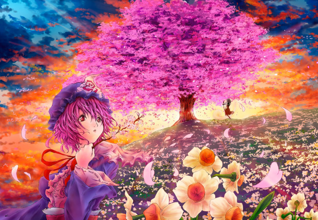 Обои картинки фото аниме, touhou, дерево, девушки, лепестки, сакура, hakurei, reimu, saigyouji, yuyuko, onokoro401, арт, облака, небо, цветы