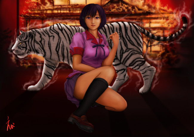 Обои картинки фото аниме, bakemonogatari, девушка, тигр