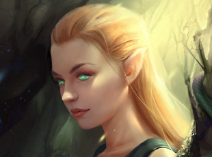 Картинка фэнтези эльфы взгляд эльфийка fantasy зеленые глаза профиль art