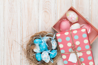 Картинка праздничные пасха яйцо перья гнездо коробка