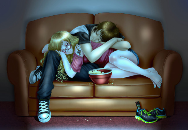 Обои картинки фото аниме, unknown,  другое , фон, мужчина, девушка, попкорн, сон, диван