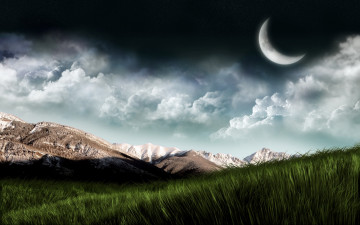 обоя 3д графика, природа , nature, облака, луна, горы, трава
