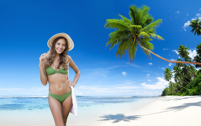 Обои картинки фото девушки, katya clover , катя скаредина, пальмы, бикини, шляпа