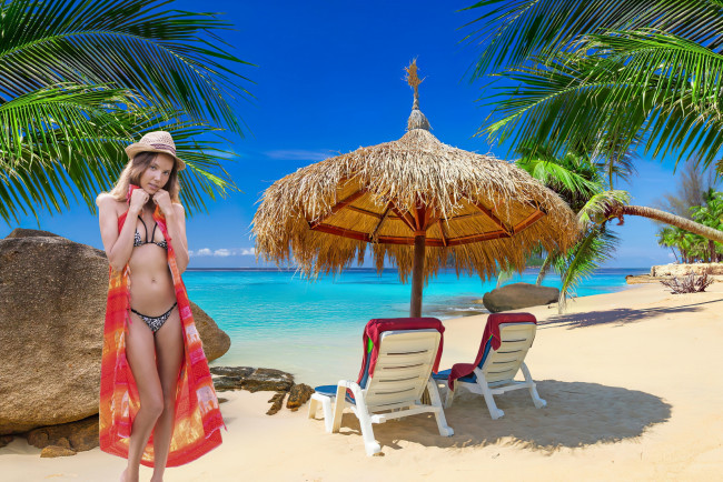 Обои картинки фото девушки, katya clover , катя скаредина, пальмы, зонтик, бикини, шляпа