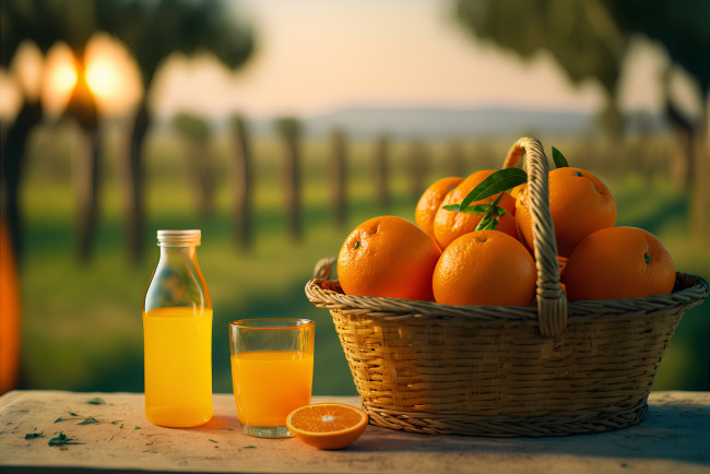 Обои картинки фото еда, напитки,  сок, корзинка, апельсин, сок, апельсиновый