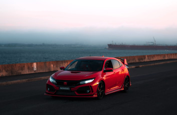 обоя honda civic type r, автомобили, honda, красный, набережная