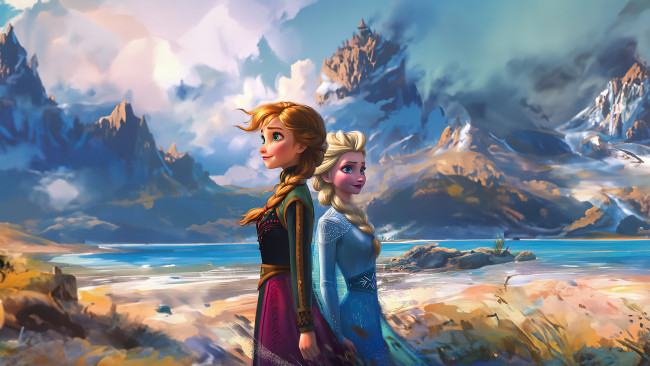 Обои картинки фото frozen, мультфильмы, artwork, anna, elsa, sisters, ai, art