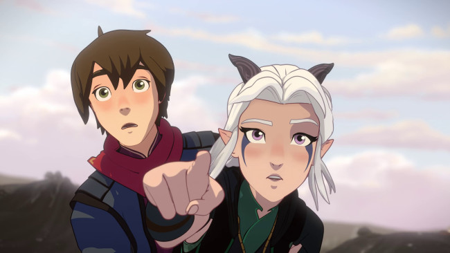 Обои картинки фото the dragon prince , сериал 2018, мультфильмы, the dragon prince, рэйла, принц, дракон, каллум, мультфильм, компьютерная, графика, указующий, палец, облака, небо, рога, шарф, netflix