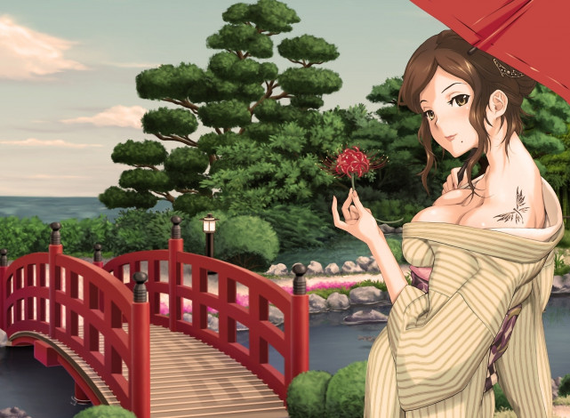 Обои картинки фото аниме, *unknown, другое, тату, девушка, кимоно, зонтик, цветок, мостик, деревья, река