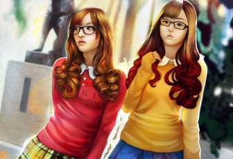 Картинка рисованные люди девушки азиатки школьницы очки