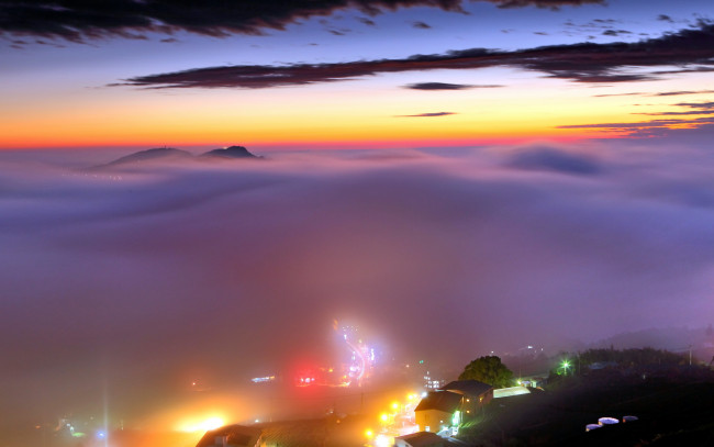 Обои картинки фото природа, восходы, закаты, закат, город, туман